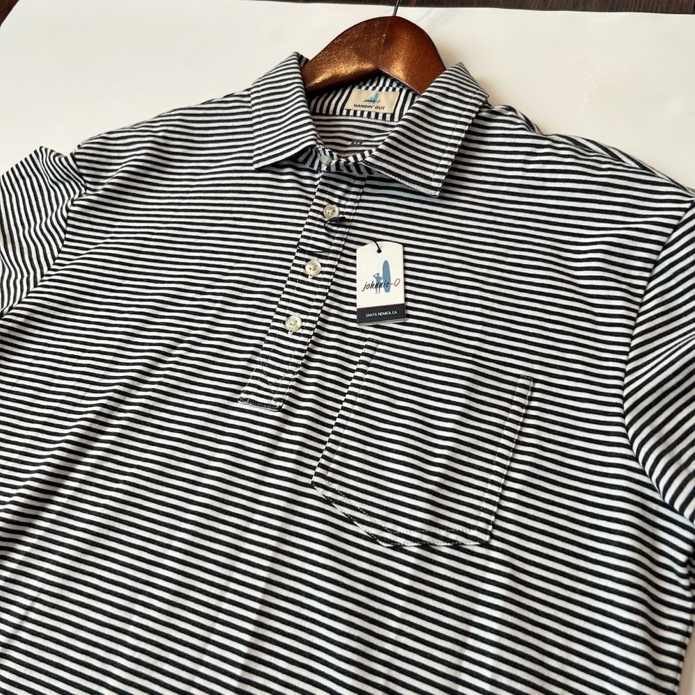 Johnnie-O Hangin' Out Charcoal Black and White Strip Short Sleeve Polo